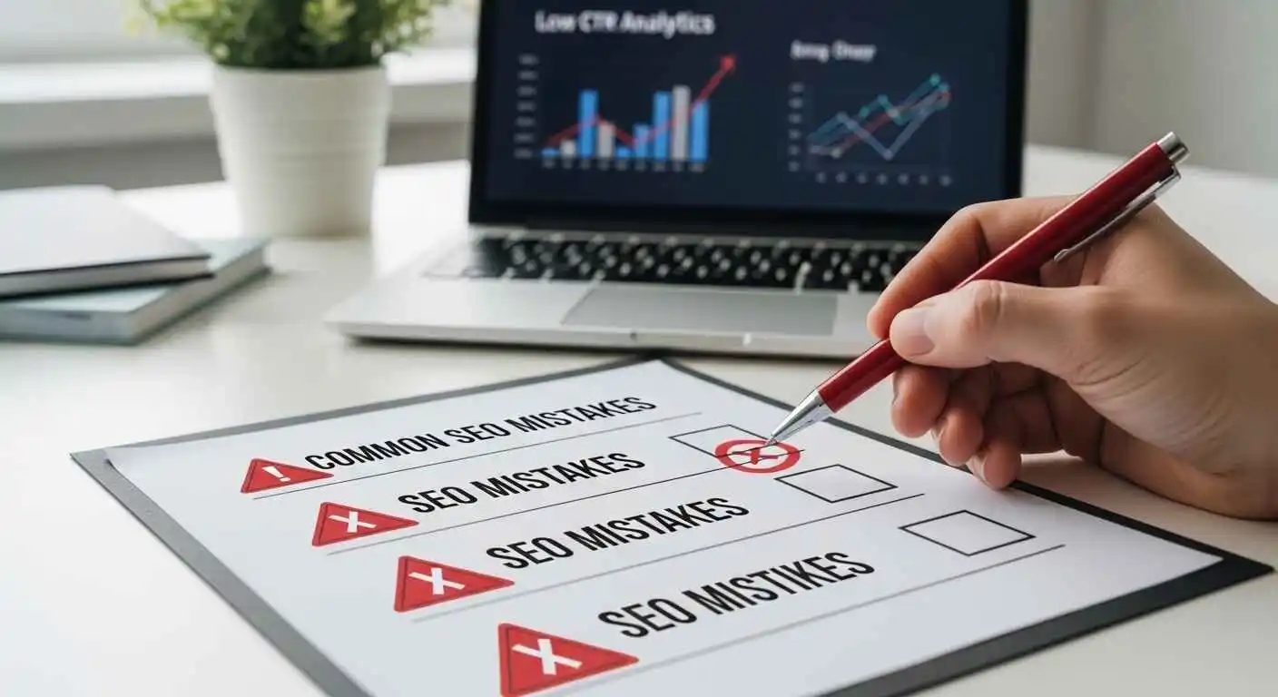 Close-up of a computer screen showing poorly written meta descriptions with highlighted errors and warning symbols