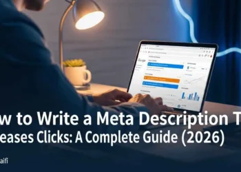 A digital marketer writing SEO-optimized meta descriptions on a laptop with Google search results visible on screen, showing click-through rate analytics in 2026