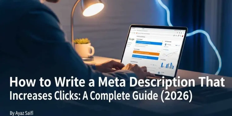 A digital marketer writing SEO-optimized meta descriptions on a laptop with Google search results visible on screen, showing click-through rate analytics in 2026