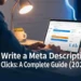 A digital marketer writing SEO-optimized meta descriptions on a laptop with Google search results visible on screen, showing click-through rate analytics in 2026