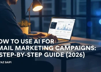 Alt Text: A digital marketer using AI tools on a laptop to automate and optimize email marketing campaigns in 2026, with email analytics dashboard and AI interface on screen