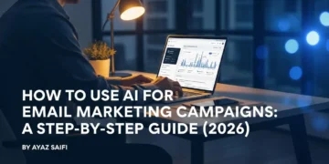 Alt Text: A digital marketer using AI tools on a laptop to automate and optimize email marketing campaigns in 2026, with email analytics dashboard and AI interface on screen