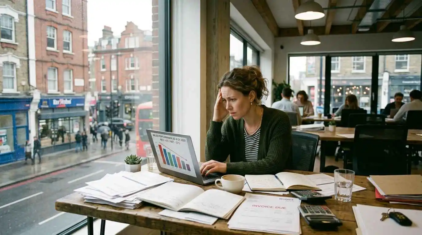 frustrated business owner analyzing declining customer retention data on laptop in modern workspace