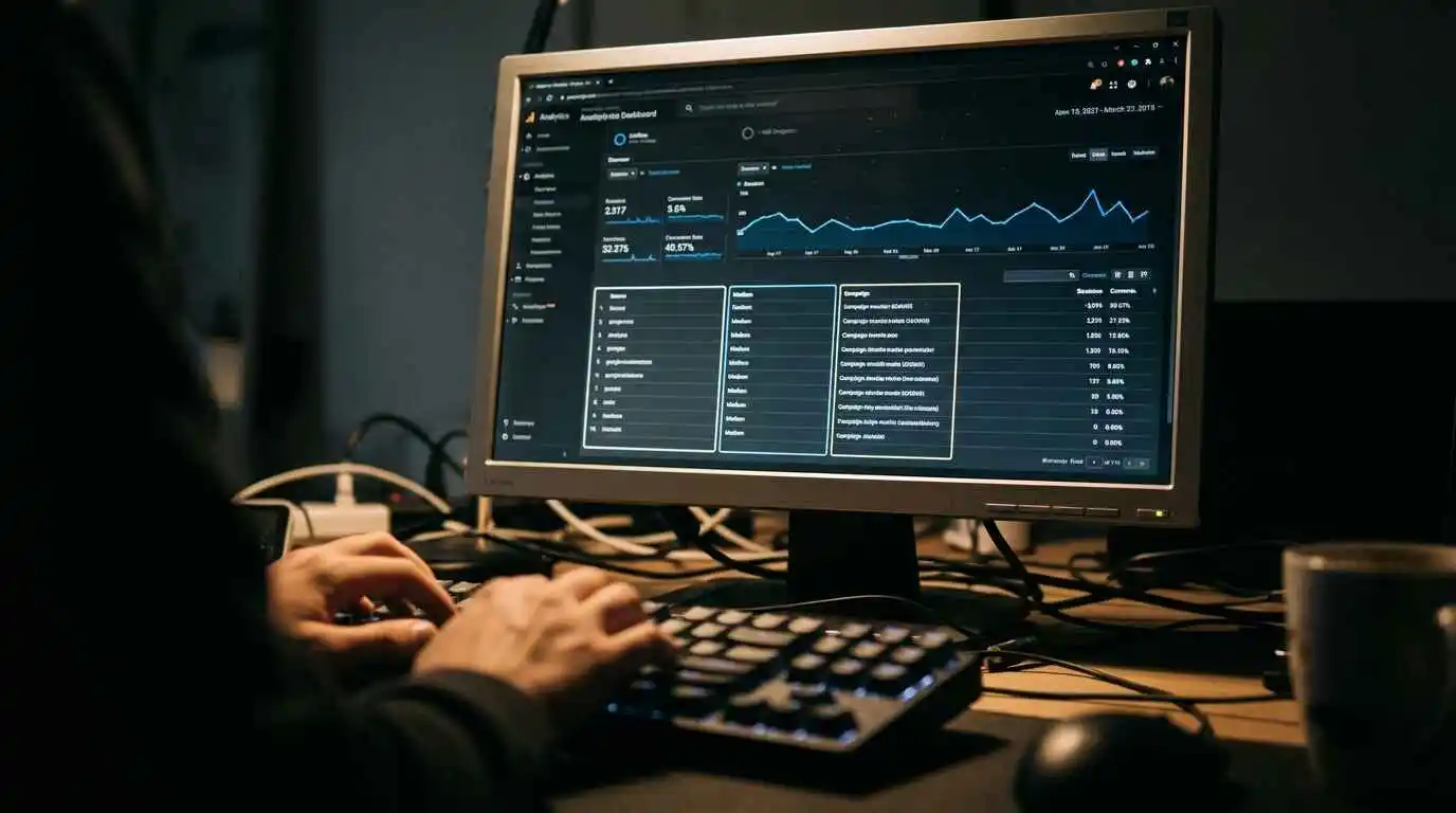 close-up of analytics dashboard highlighting source medium campaign utm parameters on screen