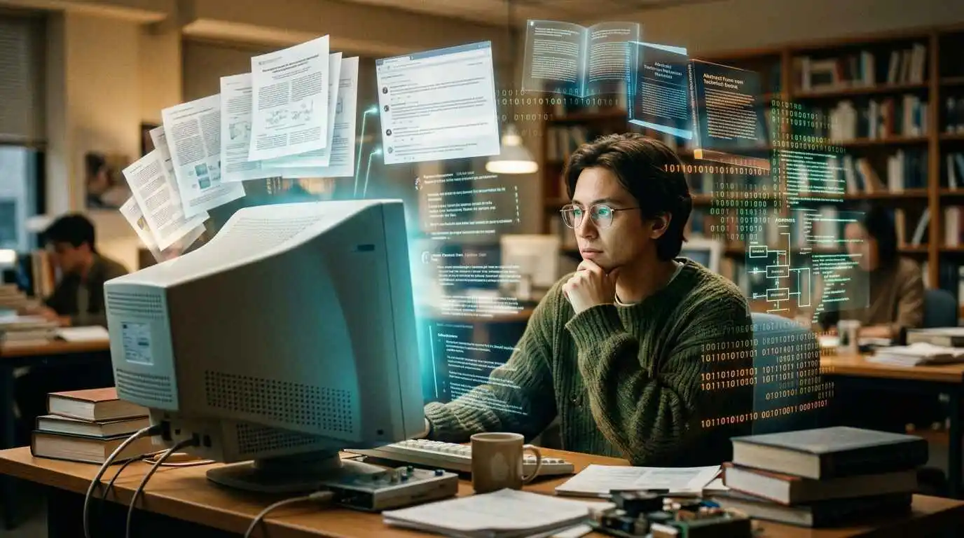 A realistic visualization of artificial intelligence learning from books, websites, and digital information to generate human-like answers on a computer.