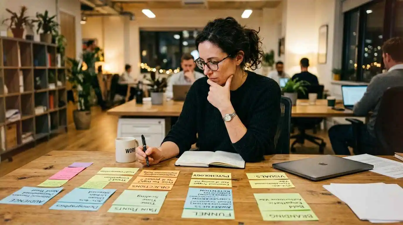 Experienced copywriter planning marketing strategy and customer psychology before writing sales copy.