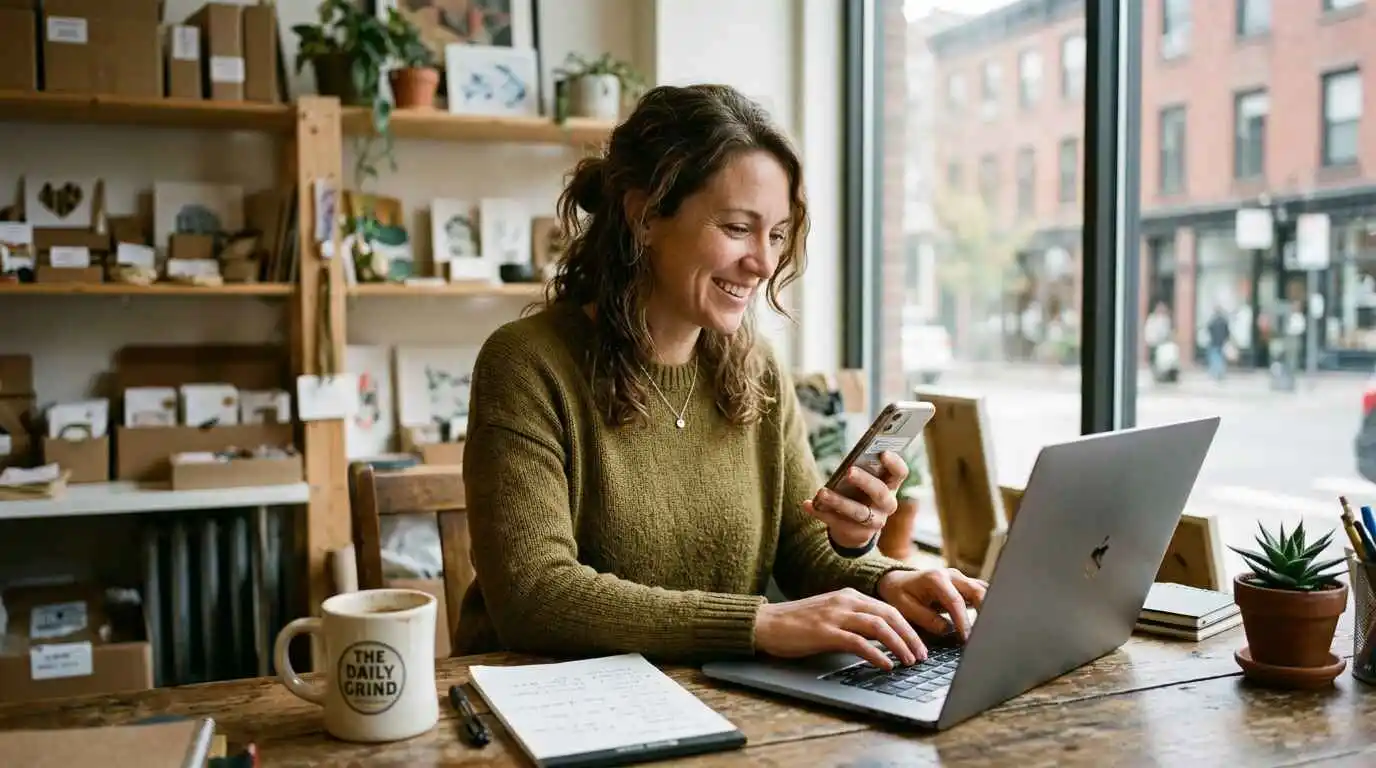 small business owner interacting with customers on social media using smartphone and laptop