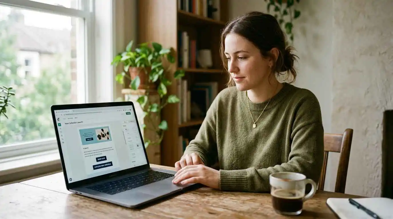 marketer creating email campaign with tagged links on laptop in a modern workspace
