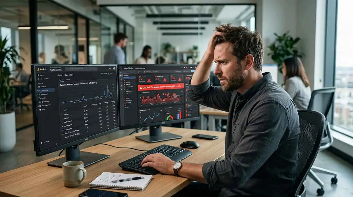 Website owner reviewing inaccurate Google Analytics conversion data caused by internal traffic and duplicate conversions on multiple monitors.