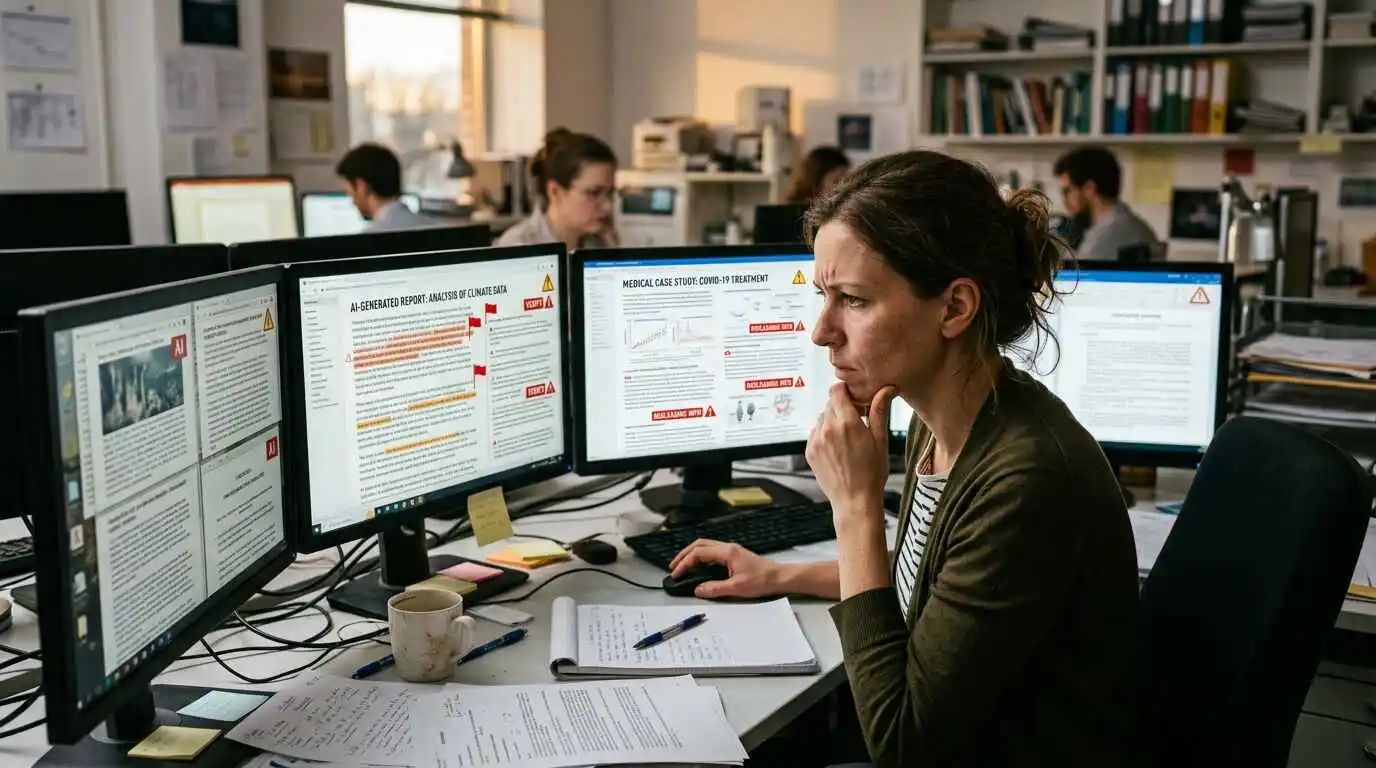 A realistic image showing a person fact-checking AI-generated information on multiple screens with warning symbols and research documents.