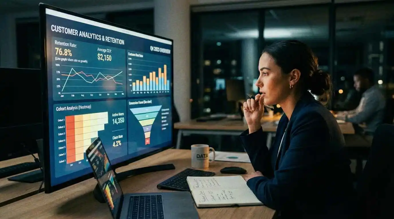 business professional analyzing customer retention data and identifying churn patterns on dashboard