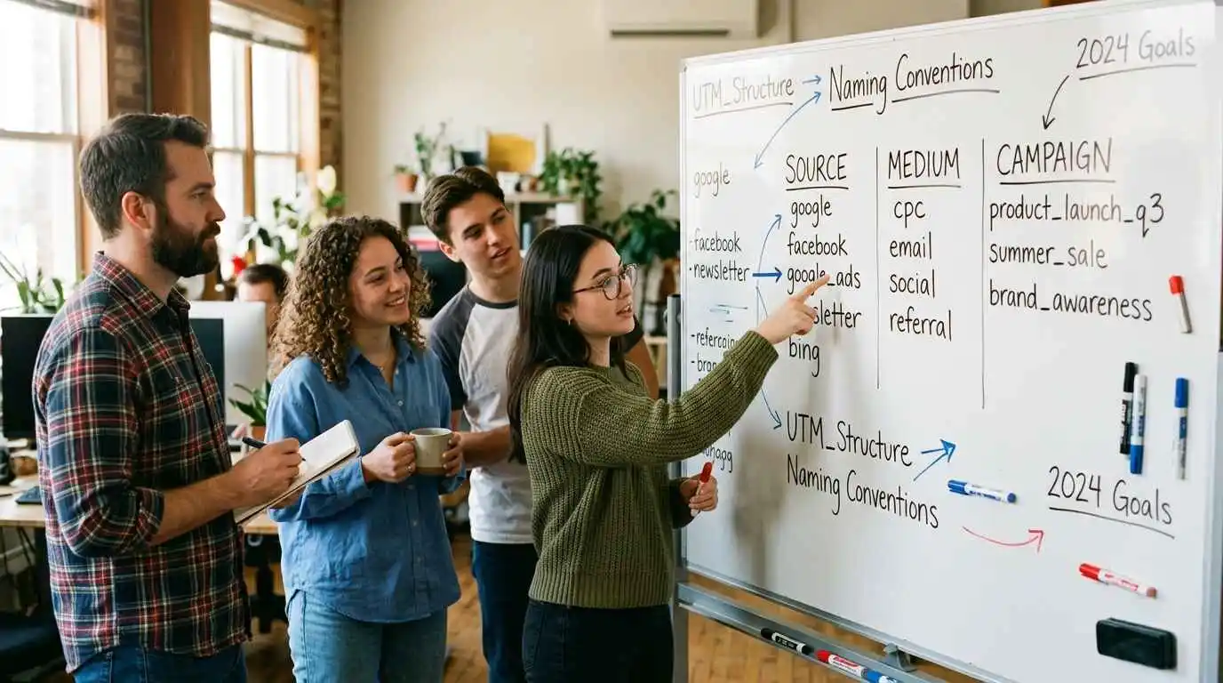 team discussing marketing data consistency and naming conventions on whiteboard