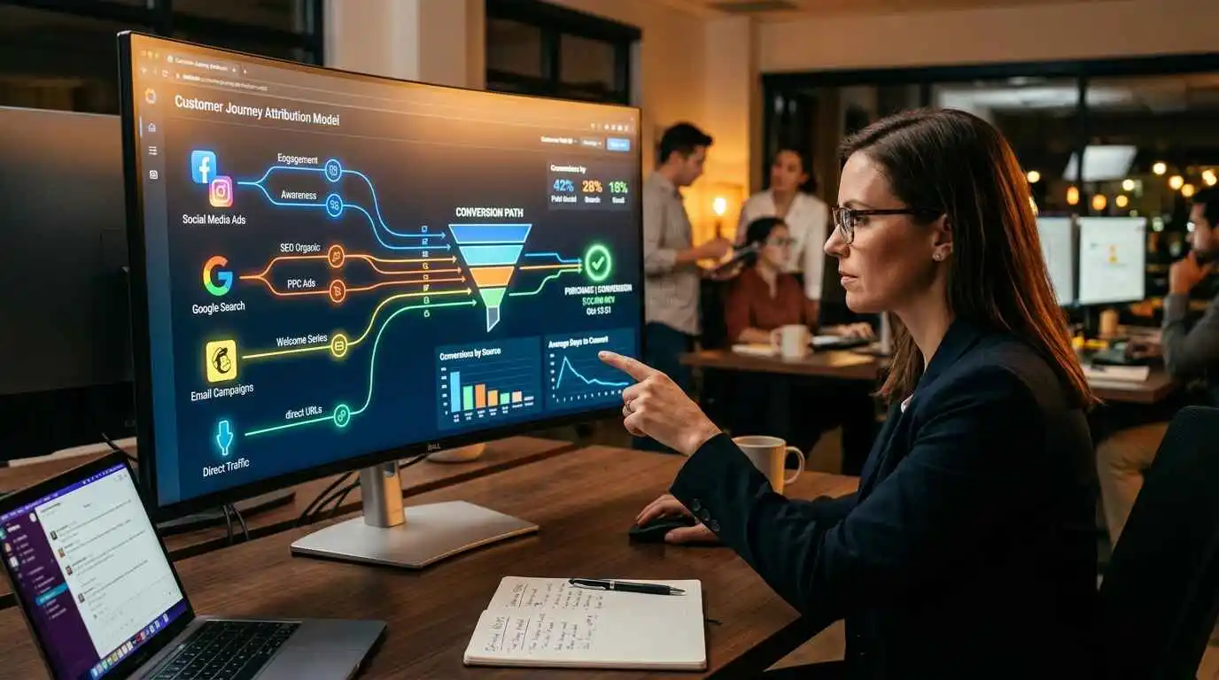 Digital marketing attribution model visualization showing customer journey from social media, Google search, and direct website visits in GA4 analytics.