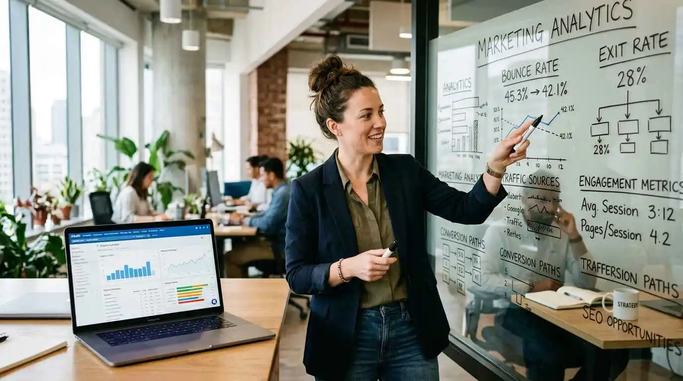Marketing strategist analyzing bounce rate exit rate and engagement data using a website optimization framework