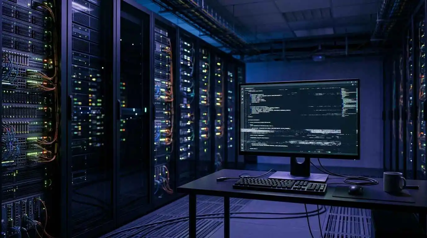 A realistic image of an overloaded AI server system with glitch effects appearing on a computer interface in a dark modern data center.