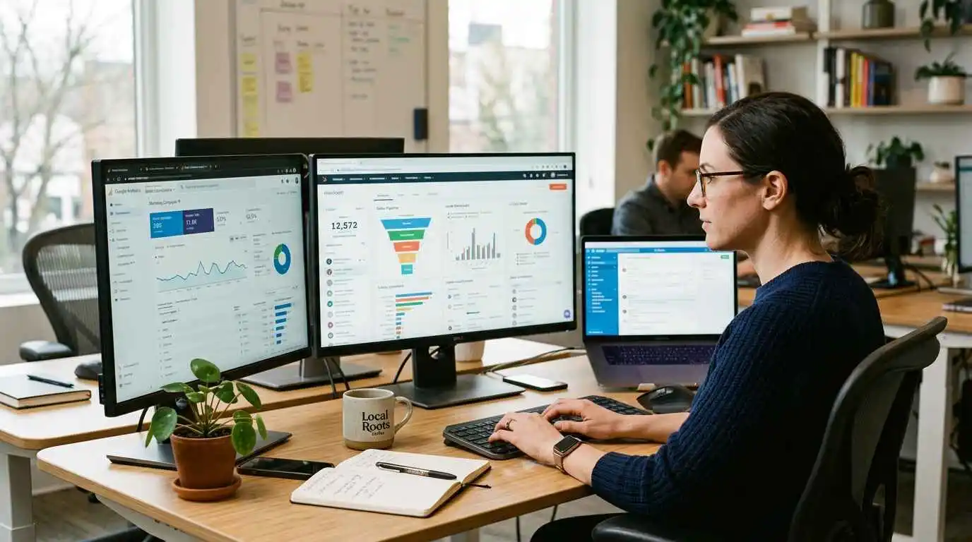 small business owner using CRM software and marketing tools on multiple screens in workspace