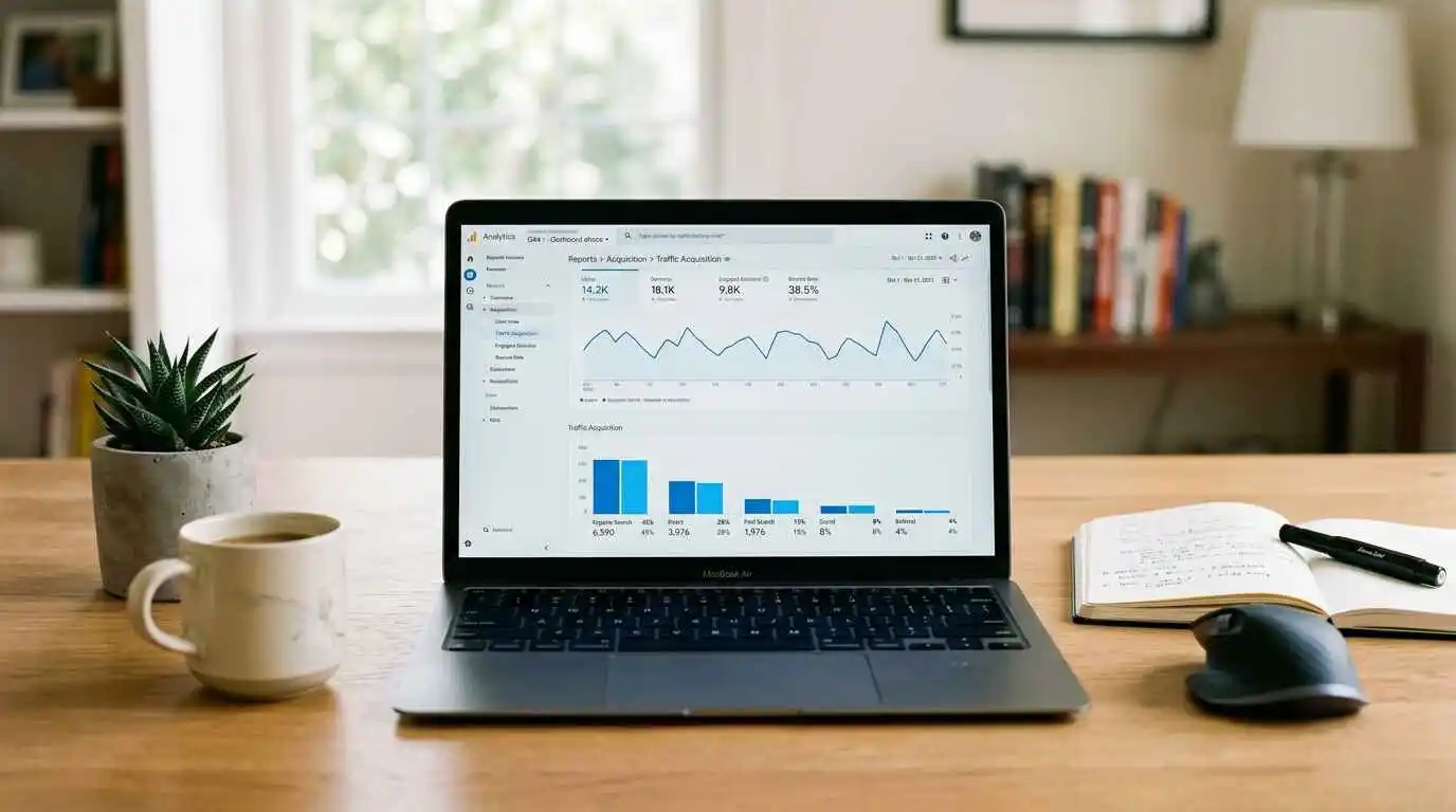 laptop displaying google analytics 4 dashboard with traffic acquisition report and utm tracking data