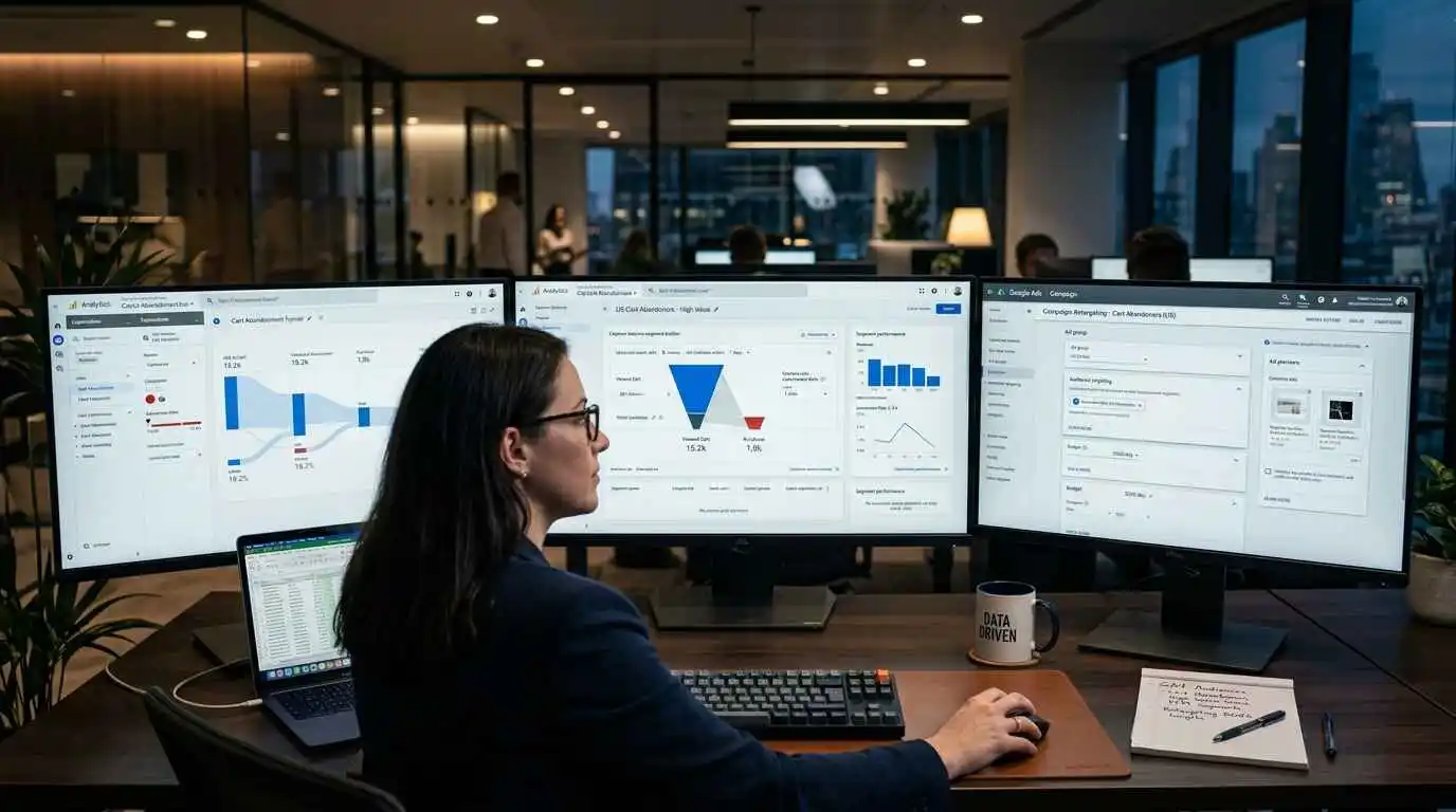 Digital marketer creating custom audiences and retargeting campaigns in Google Analytics 4 for abandoned checkout users and targeted advertising.