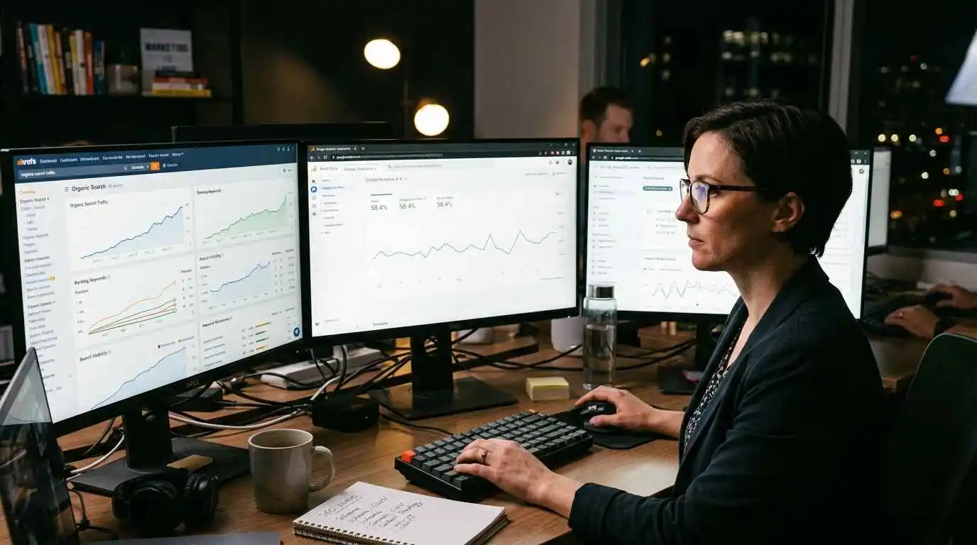 SEO expert analyzing bounce rate and Google search ranking performance on multiple analytics screens