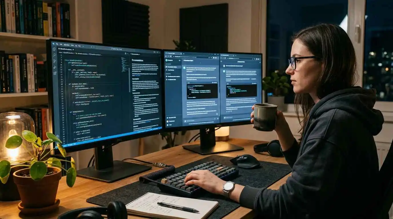 A realistic side-by-side comparison of AI assistants displayed on modern computer screens used for coding and programming education.