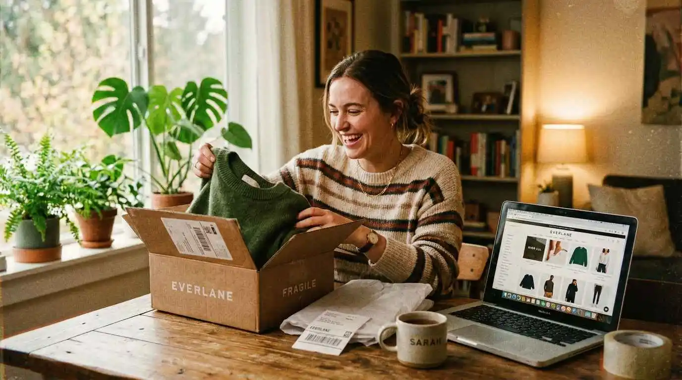 person opening ecommerce package at home with laptop showing online shopping website