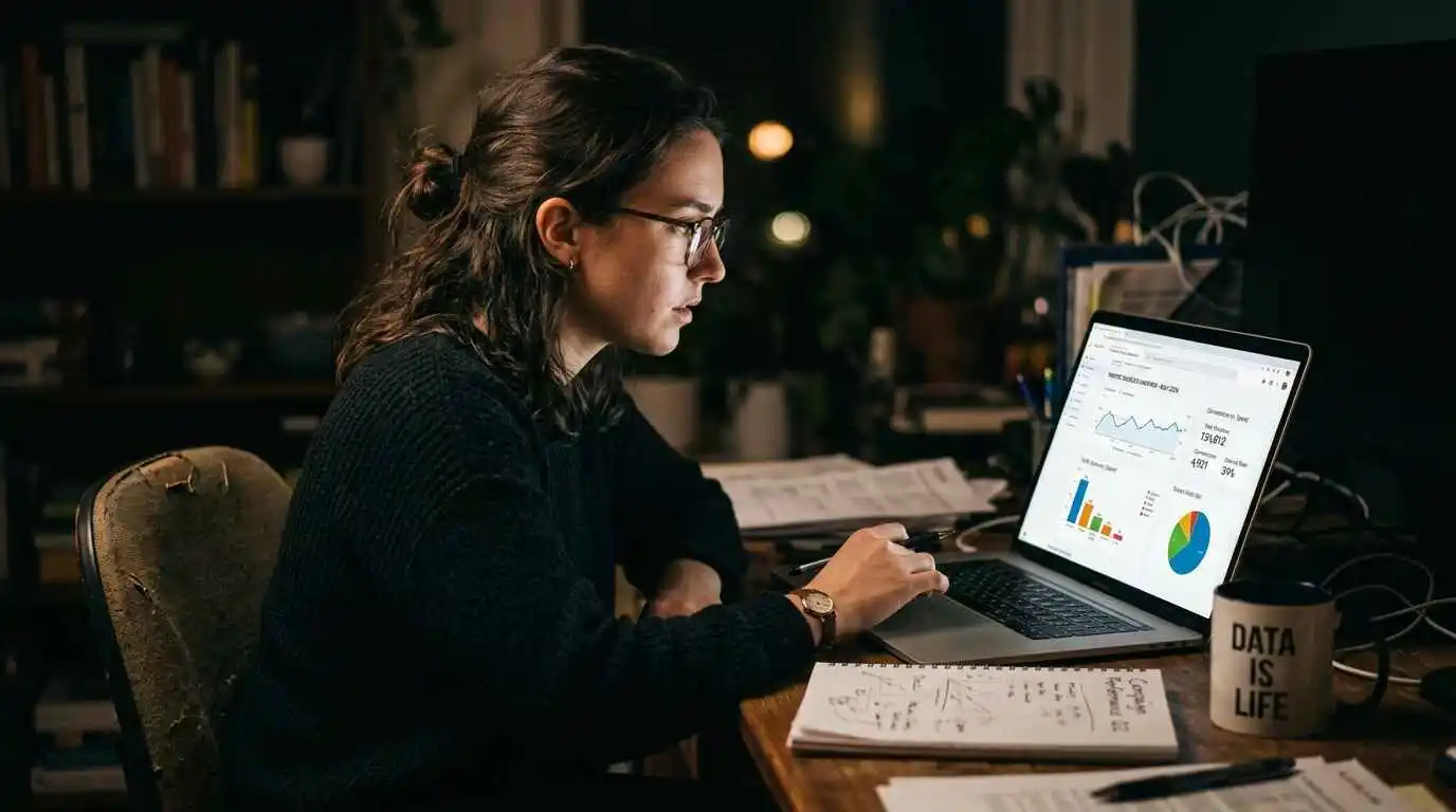 marketer analyzing traffic source data on laptop and realizing campaign performance insights