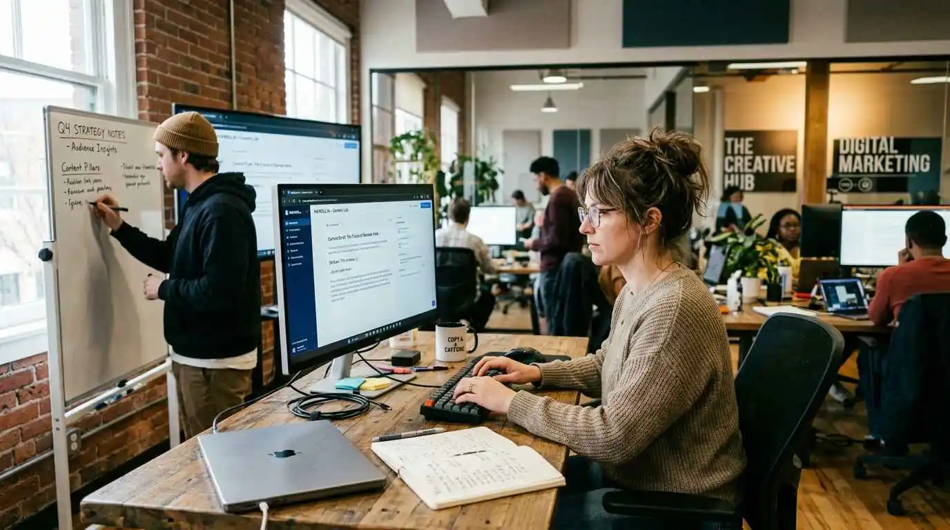 AI-generated content tools and professional copywriters working together in a modern digital marketing office.