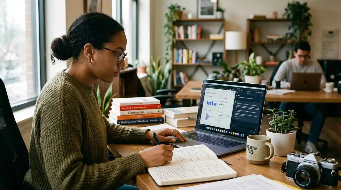 Modern copywriter learning AI tools, strategy, branding, and conversion skills to stay competitive in 2026.