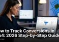 A digital marketer tracking conversions in Google Analytics 4 on a laptop showing key events dashboard session data and campaign attribution reports in 2026