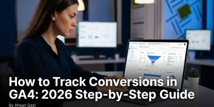 A digital marketer tracking conversions in Google Analytics 4 on a laptop showing key events dashboard session data and campaign attribution reports in 2026