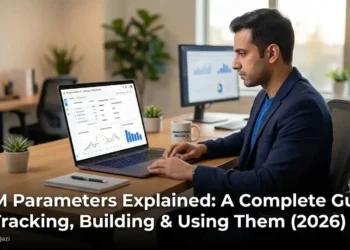 A digital marketer building UTM tracking parameters for a marketing campaign using Google Analytics 4 dashboard with campaign traffic sources visible on screen in 2026