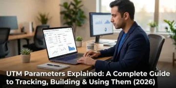 A digital marketer building UTM tracking parameters for a marketing campaign using Google Analytics 4 dashboard with campaign traffic sources visible on screen in 2026