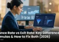 A digital marketer analyzing bounce rate and exit rate metrics in Google Analytics 4 on a laptop with session data funnel charts and page exit reports visible on screen in 2026