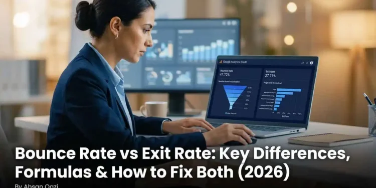 A digital marketer analyzing bounce rate and exit rate metrics in Google Analytics 4 on a laptop with session data funnel charts and page exit reports visible on screen in 2026