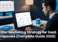 A SaaS marketing professional building a Twitter X marketing strategy on a laptop with social media analytics dashboard engagement metrics and lead generation data visible in 2026
