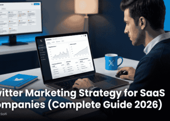 A SaaS marketing professional building a Twitter X marketing strategy on a laptop with social media analytics dashboard engagement metrics and lead generation data visible in 2026
