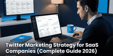 A SaaS marketing professional building a Twitter X marketing strategy on a laptop with social media analytics dashboard engagement metrics and lead generation data visible in 2026