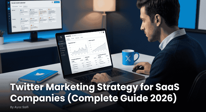 A SaaS marketing professional building a Twitter X marketing strategy on a laptop with social media analytics dashboard engagement metrics and lead generation data visible in 2026