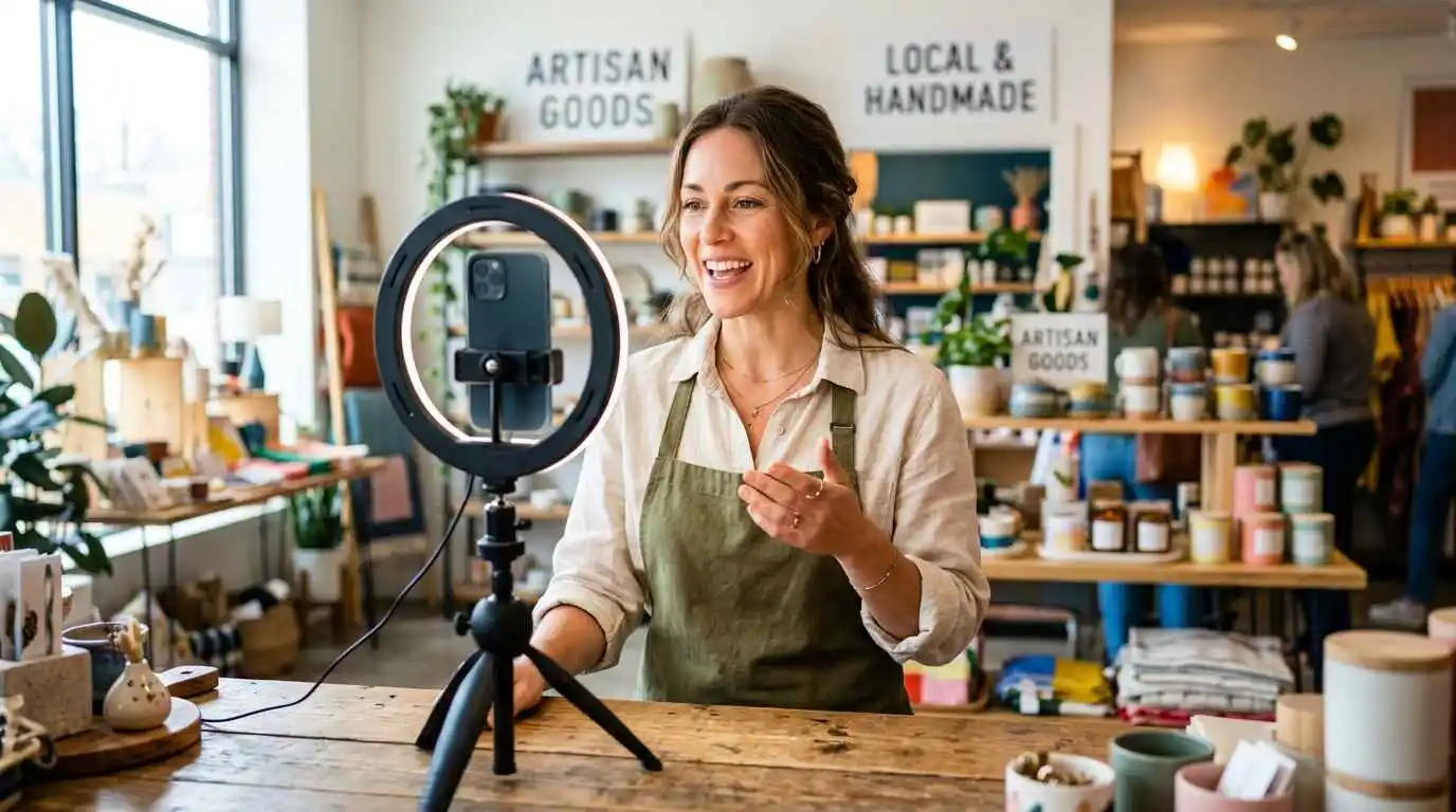 Small business owner recording a product video on a smartphone with ring light setup