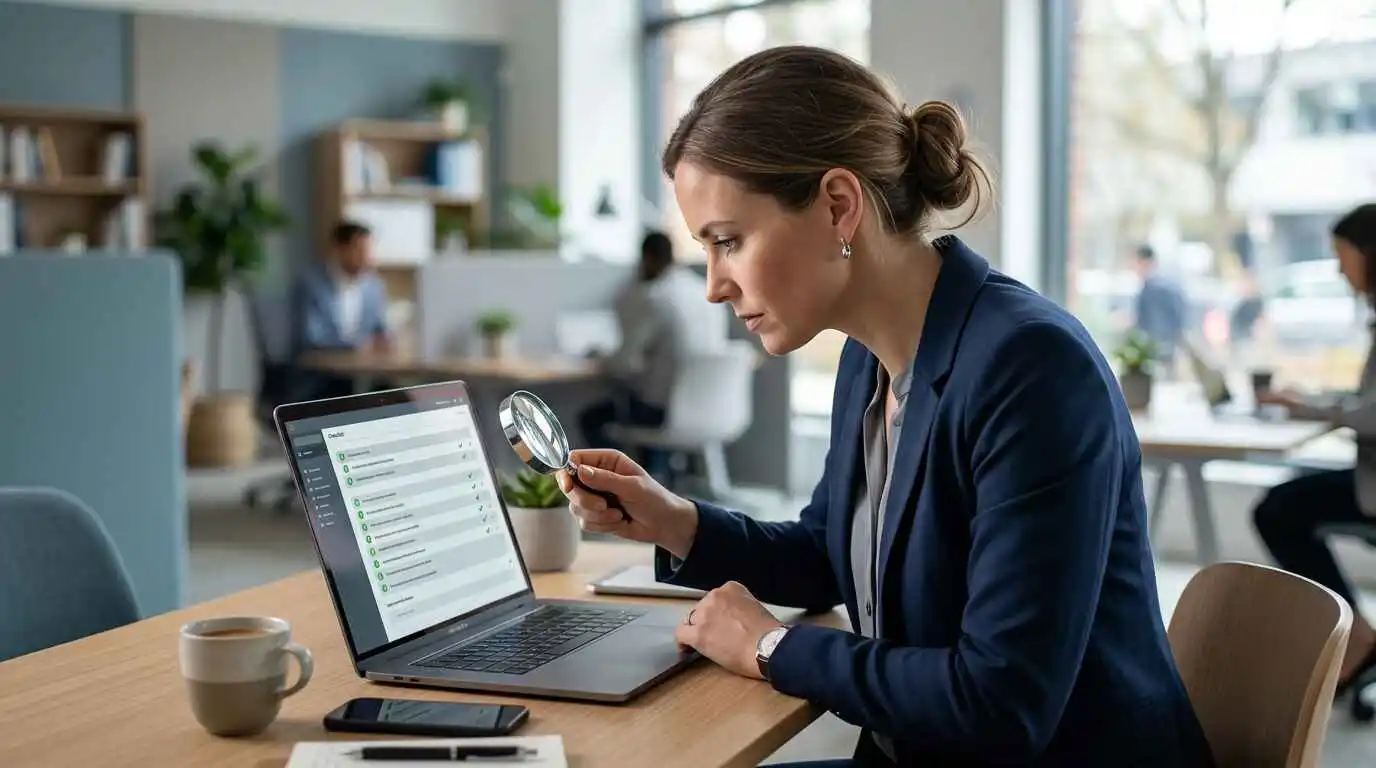 Person verifying software platform legitimacy using a checklist on a laptop screen