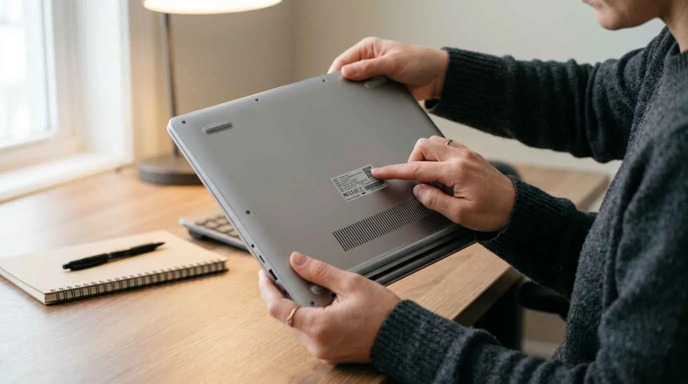 Person locating the serial number label on the underside of a laptop