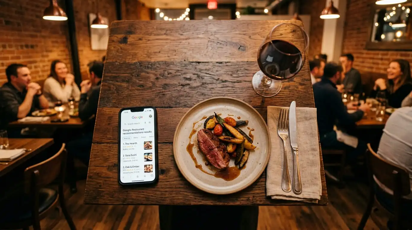 Restaurant owner checking AI search results for local dining recommendations on smartphone and laptop