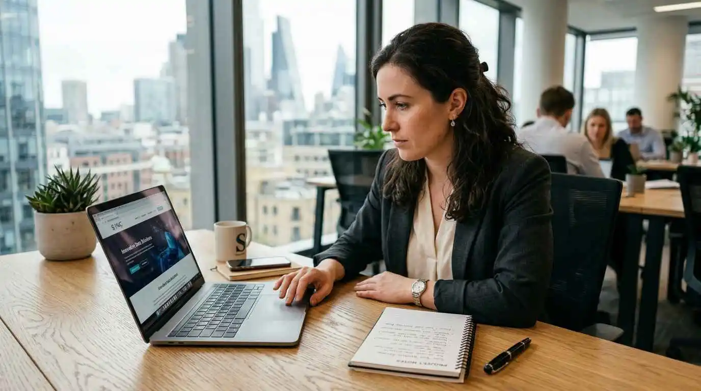 Business owner researching a digital marketing agency on laptop before signing a contract