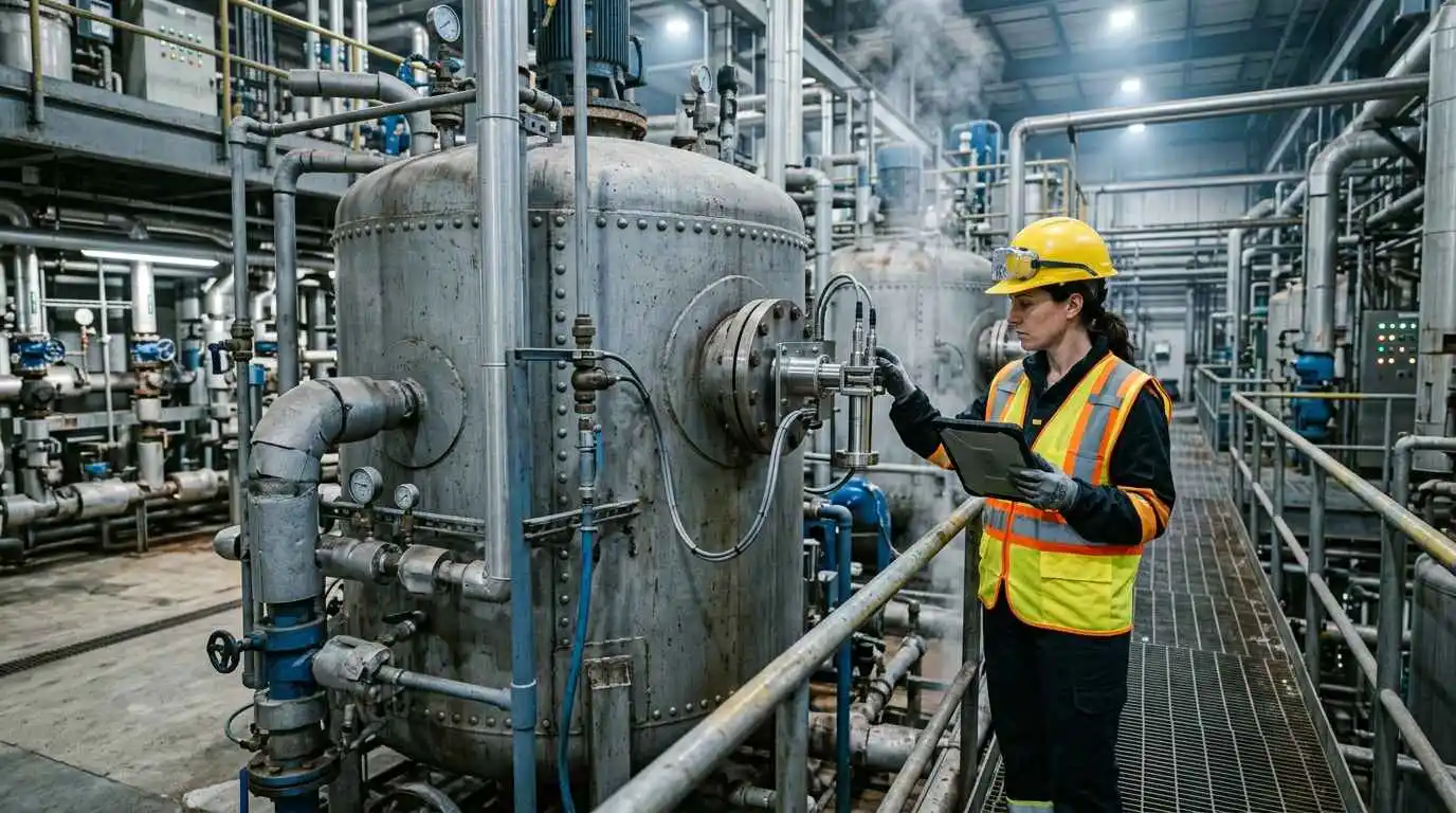 Engineer inspecting a measuring probe inside an industrial processing plant