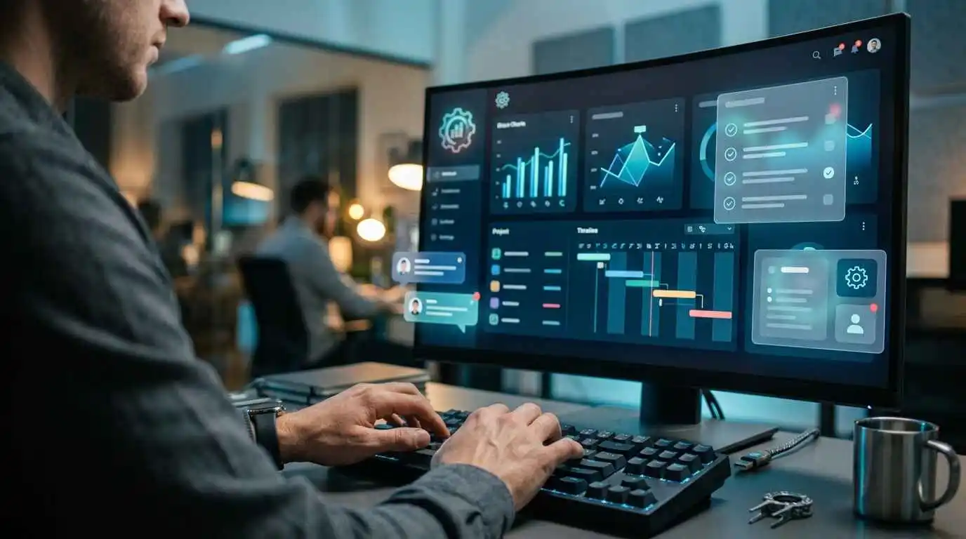 Business dashboard on screen showing scattered feature icons representing unverified software claims