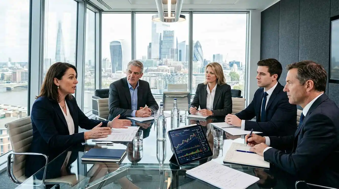 Corporate boardroom meeting with shareholders discussing business structure