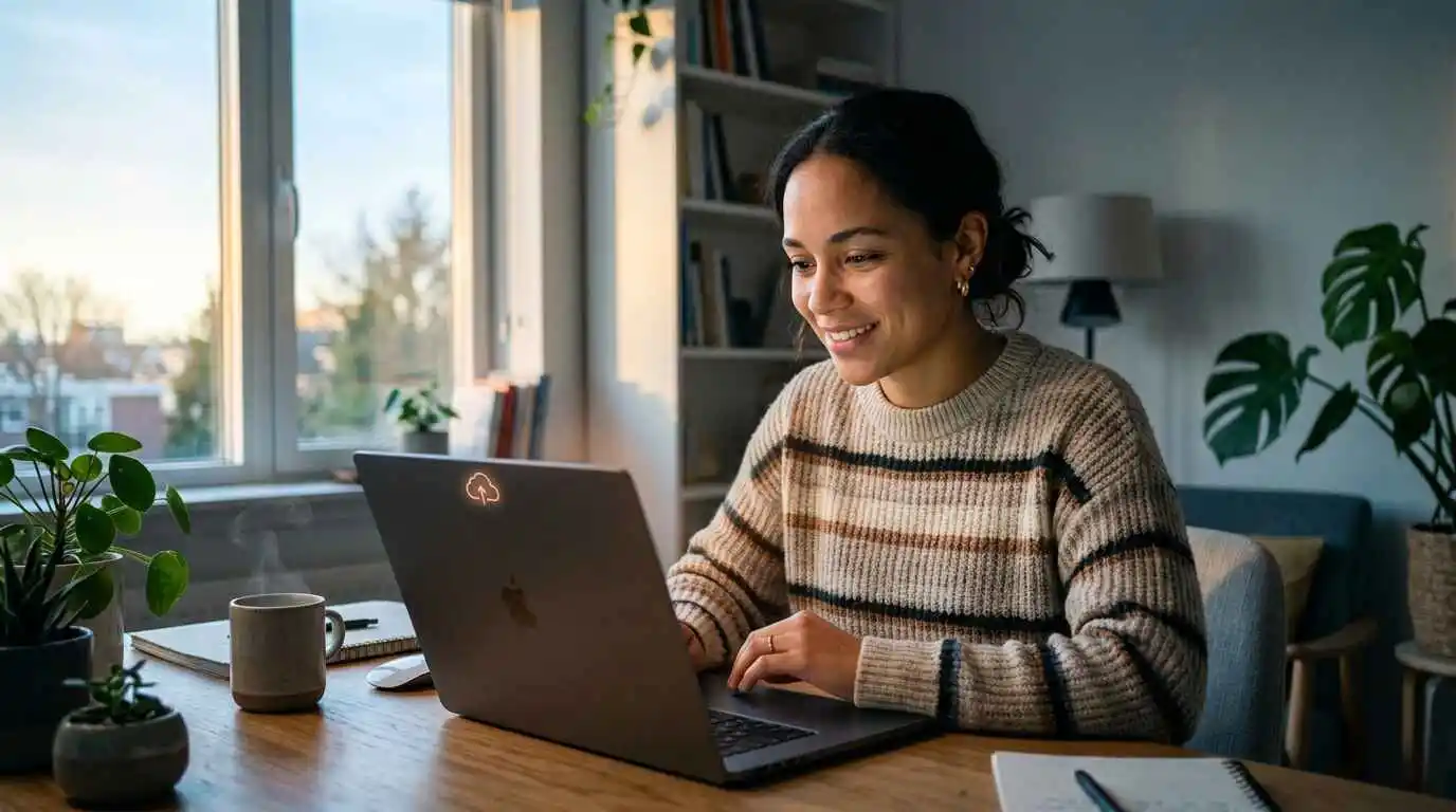 Person checking laptop sync status indicator after reconnecting to internet