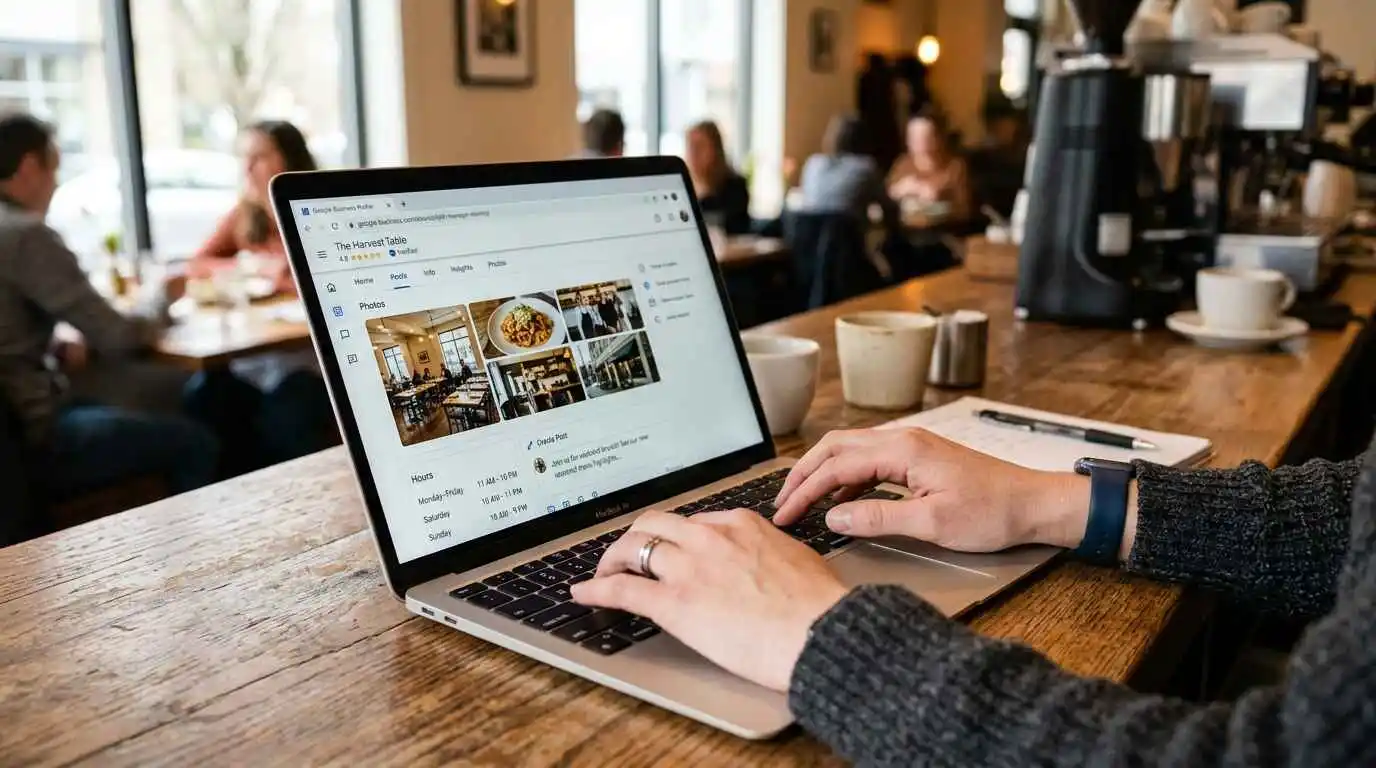Restaurant owner updating Google Business Profile hours, photos, and menu on a laptop