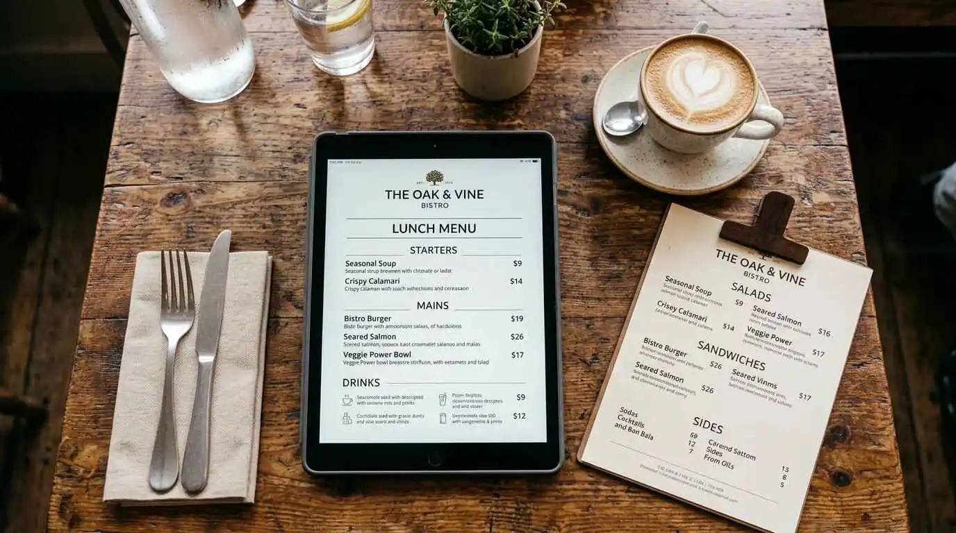 Digital restaurant menu displayed on tablet next to printed menu on wooden table