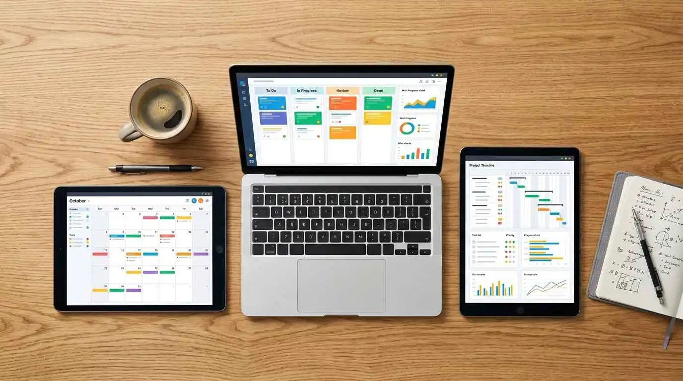 Multiple laptop and tablet screens on a desk showing different project management tool interfaces side by side